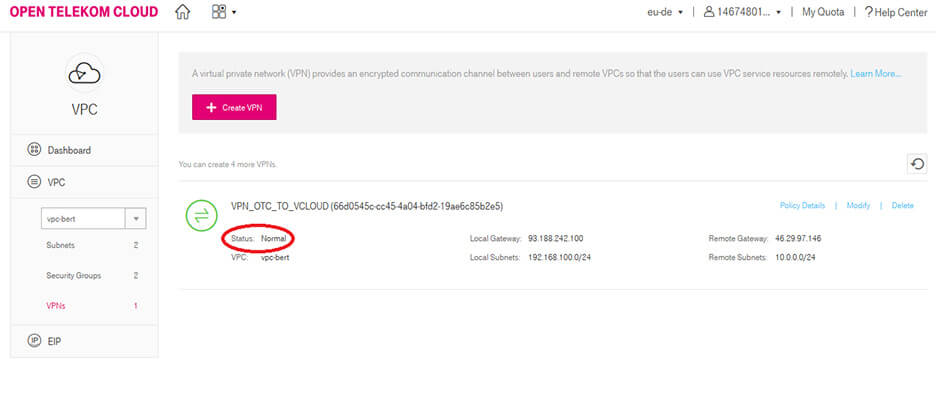 Screenshot showing normal status for T Cloud Public VPN.