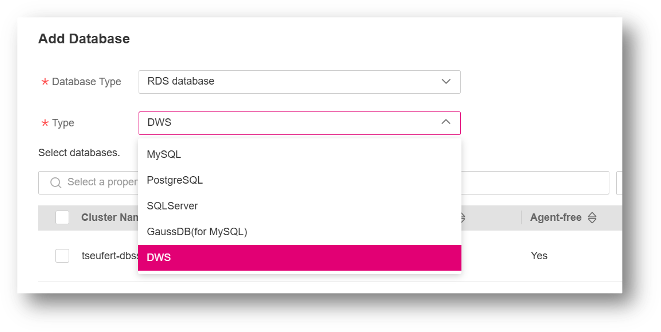 Nutzeroberfläche zur DB Typenauswahl Ansicht des Menüs "Add Database" mit offenem Dropdown für die Auswahl des DB Typs.