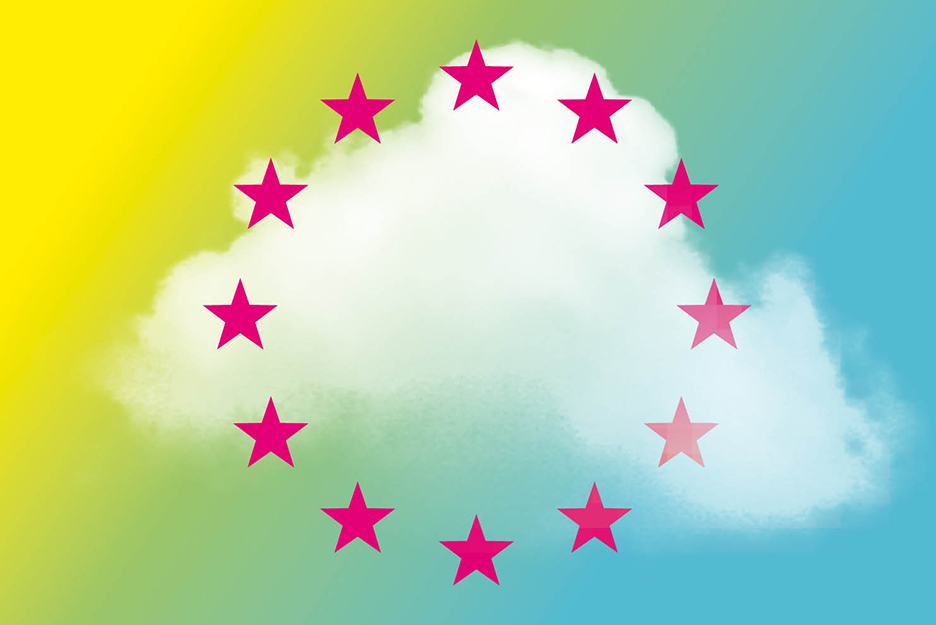 Weiße Wolke auf buntem Farbverlauf-Hintergrund (gelb, grün, blau) mit magenta Sternen in Kreisform, inspiriert von der Europaflagge.