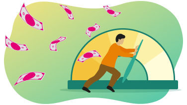 T Cloud Public Preise Illustration einer Person, die einen Regler in Richtung weniger Kostenverbrauch schiebt