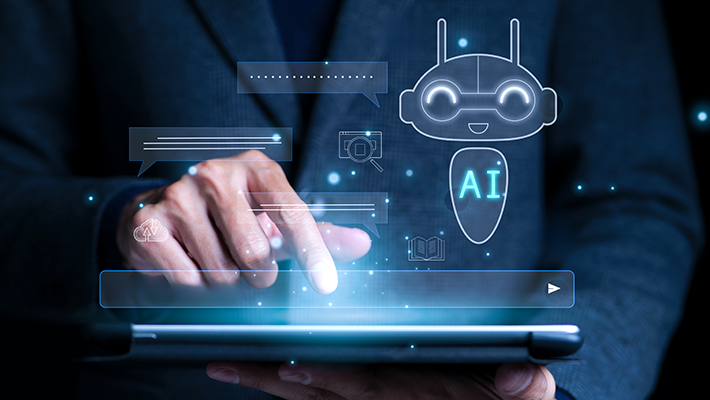 Person using a tablet with a digital AI chatbot interface and futuristic UI elements.