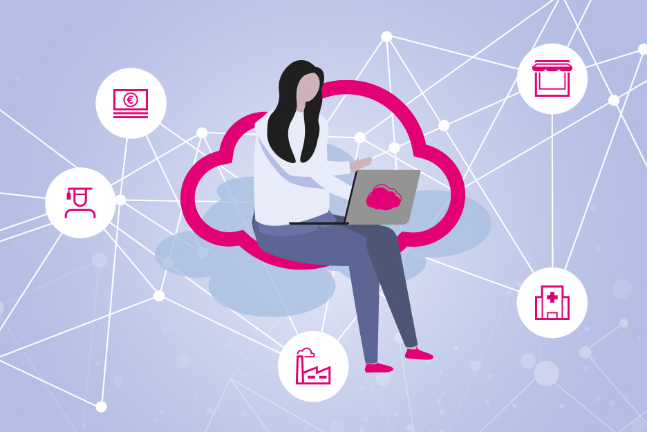 Illustration with a woman sitting in a cloud with a laptop, surrounded by icons of various business sectors