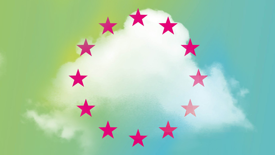 Kombination Europa und Cloud Weiße Wolke auf buntem Farbverlauf-Hintergrund (gelb, grün, blau) mit magenta Sternen in Kreisform, inspiriert von der Europaflagge.