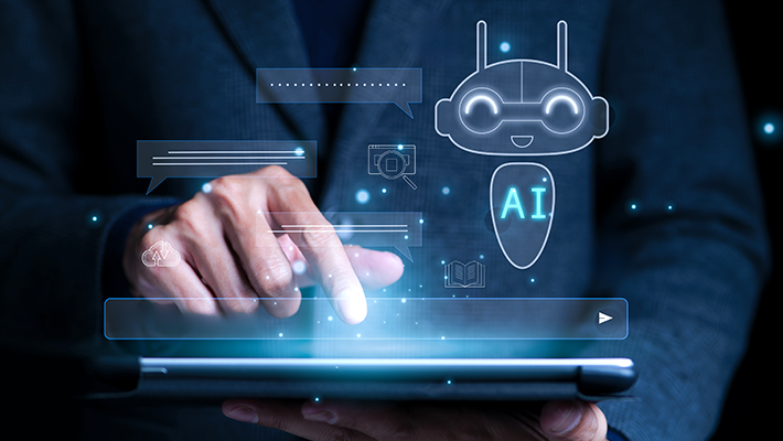 Person bedient ein Tablet mit digitaler KI-Chatbot-Oberfläche und futuristischen Interface-Elementen.