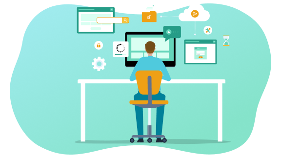 Digitaler Arbeitsplatz Software Illustration einer Person an einem Schreibtisch vor einem Computerbildschirm. Um den Bildschirm sind verschiedene Symbole und Fenster für Suche, Sicherheit, Einstellungen und digitale Anwendungen angeordnet.