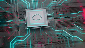 Symbolische Darstellung eines Cloud-Chips auf einer Leiterplatte mit digitalen Datenströmen.