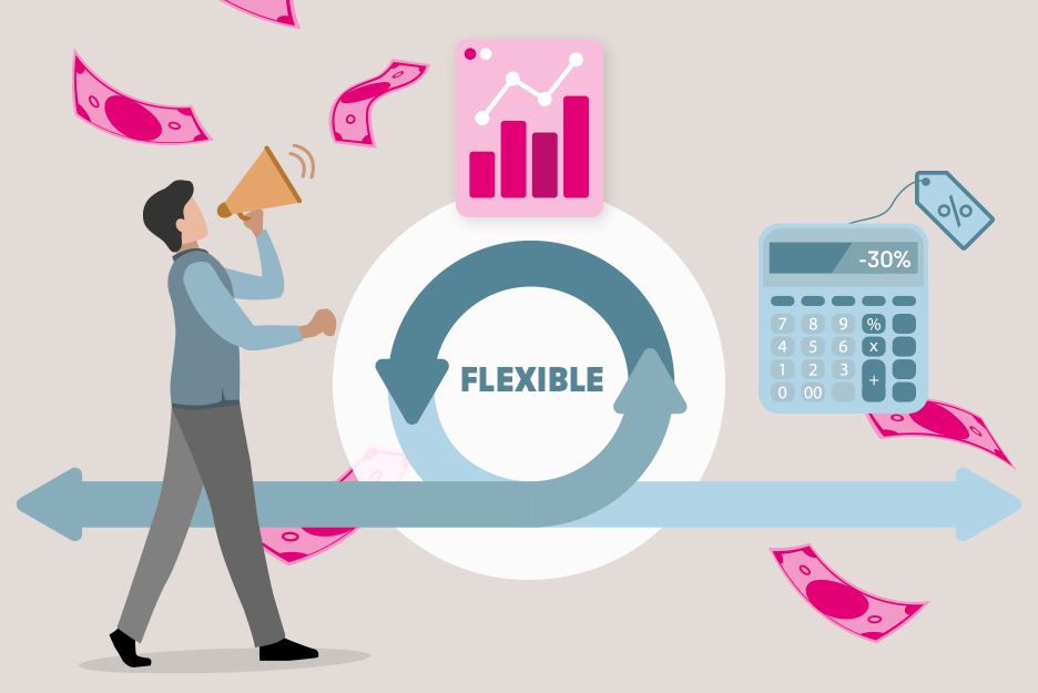 Illustration zu flexibler IT-Nutzung mit Sparpotenzial: Mann mit Megafon, Diagramm, Taschenrechner (-30 %) und Geldscheine.