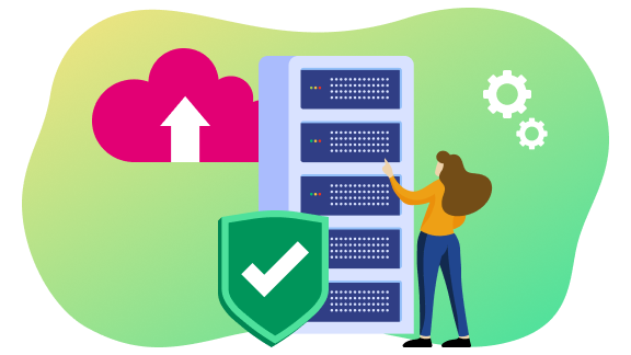 Cloud Betriebssystem Upgrade Teaser Illustration eines Cloud- und Server-Systems mit Sicherheits-Symbolen und einer Person bei der Serververwaltung. Visualisiert ein sicheres Cloud-Betriebssystem-Upgrade.