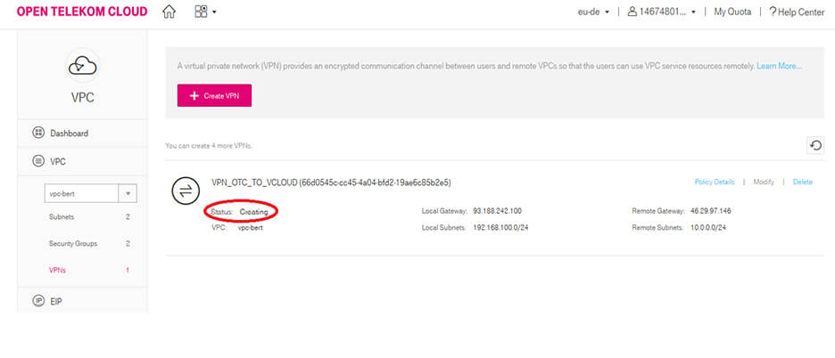 Screenshot showing how to create a VPN on T Cloud Public.