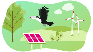T Cloud Public Nachhaltigkeit Illustration von Windrädern und Solarpanel vor einer grünen natürlichen Umgebung