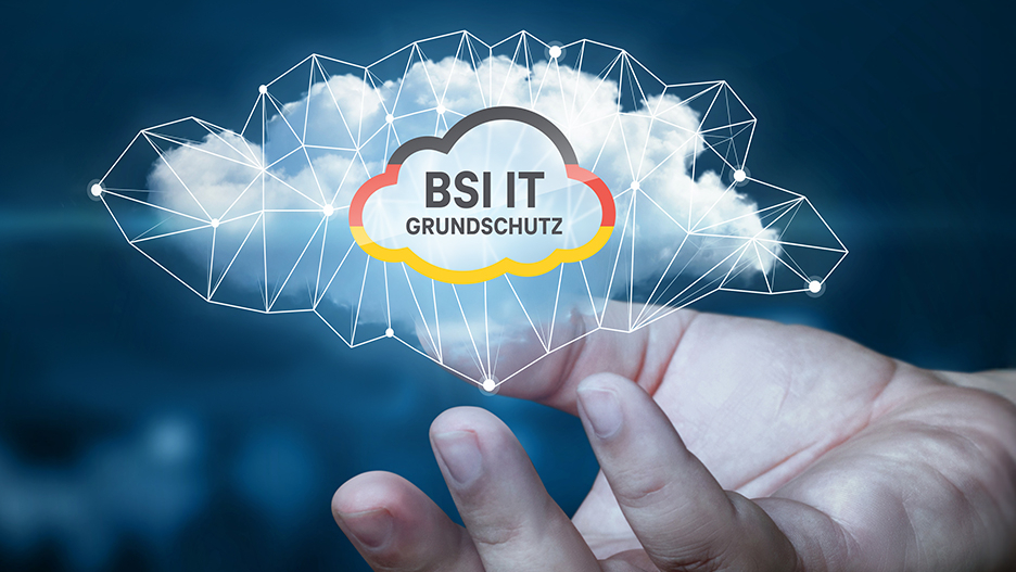 Eine Hand hält eine digitale Cloud-Grafik Eine Hand hält eine digitale Cloud-Grafik mit dem Siegel ‚BSI IT-Grundschutz‘. Um die Cloud sind vernetzte Linien und Datenstrukturen dargestellt, die IT-Sicherheit und Cloud-Infrastruktur symbolisieren.