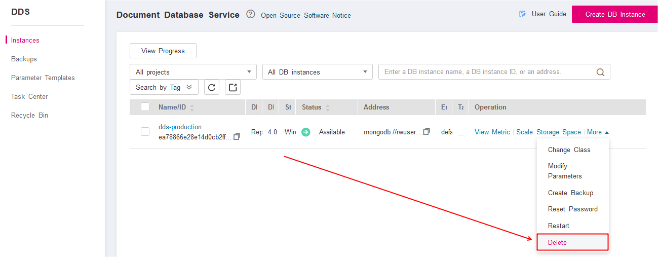 User deletes a database Screenshot User deletes a database