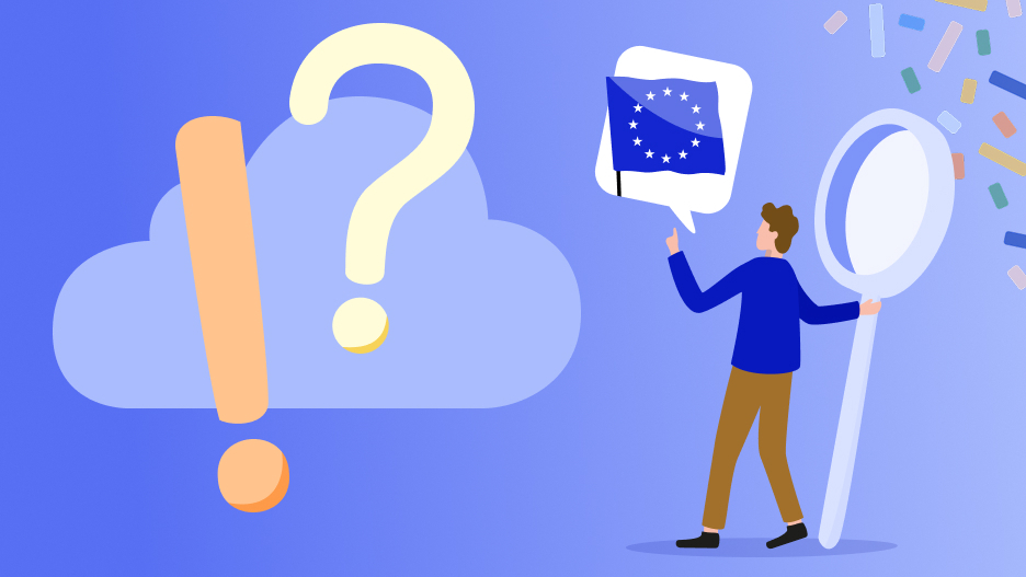Illustration einer Person mit Europa Flagge Illustration einer Person mit Europa Flagge vor einer Wolke mit Fragezeichen und Ausrufezeichen vor einem blauen Hintergrund