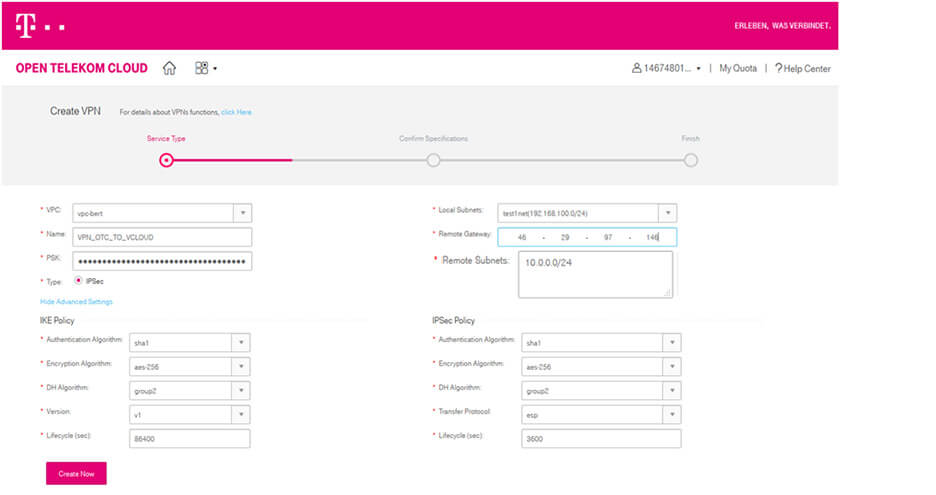 Screenshot showing how to create a VPN on T Cloud Public.
