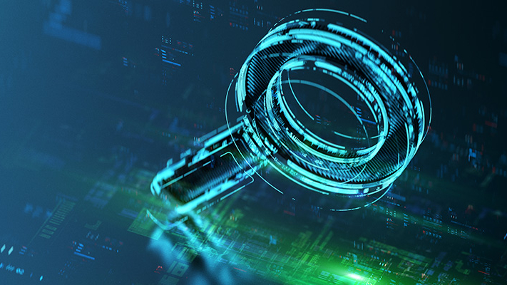 Digitale Lupe über einer futuristischen Datenoberfläche, Symbol für Datenanalyse, IT-Suche und Cyber-Sicherheit.