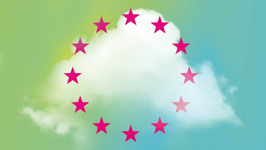 White cloud on a colorful gradient background (yellow, green, blue) with magenta stars arranged in a circle, inspired by the European flag.