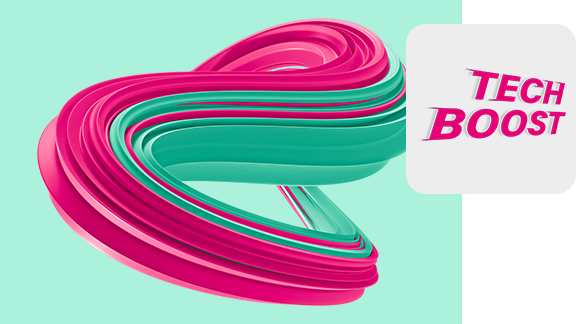 Abstrakte 3D-Schleife in Magenta und Türkis auf mintgrünem Hintergrund mit abgerundeten Formen