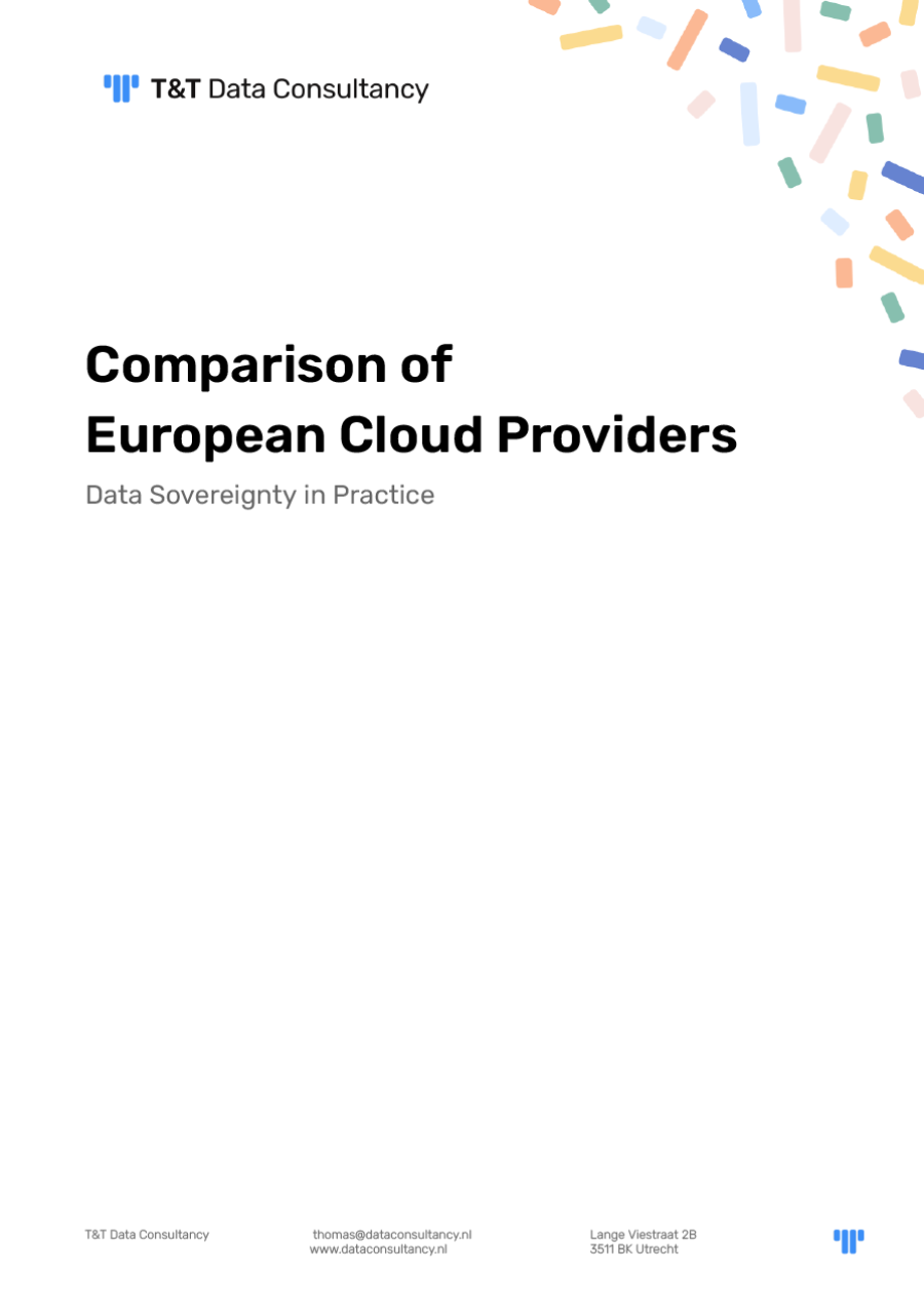 Cover of a white paper titled "Comparison of European Cloud Providers – Data Sovereignty in Practice" by T&T Data Consultancy