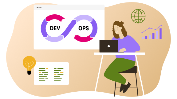 Illustration einer Entwicklerin am Schreibtisch mit DevOps Loop im Hintergrund