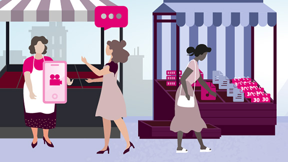 Illustration von Personen, die auf dem virtuellen T Cloud Public Marktplatz stöbern.