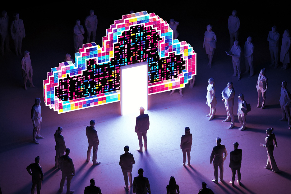 Menschen versammeln sich vor einem leuchtenden Portal in Form einer bunten Cloud – eine symbolische Darstellung des digitalen Wandels und der grenzenlosen Möglichkeiten der Cloud-Technologie.