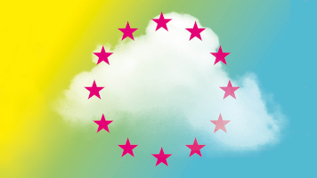 White cloud on a colorful gradient background (yellow, green, blue) with magenta stars arranged in a circle, inspired by the European flag.