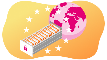 T Cloud Public Compliance Illustration eines sicheren Datenschrankes umgeben von einer Weltkugel und Europa Sternen