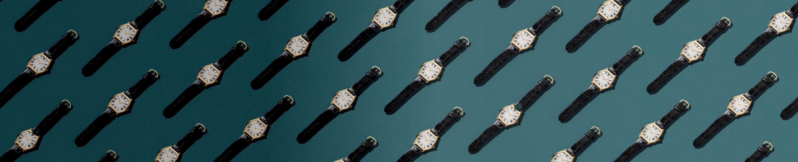 Many analog wristwatches arranged in diagonal lines on a blue-green background