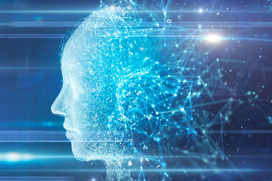 Digitale Darstellung der Seitenansicht eines Gesichtsprofils mit vernetzten Lichtpunkten