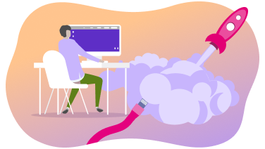 T Cloud Public Agilität Illustration einer Person am Computer, daneben Datenkabel und eine Rakete, die aus einer Wolke abhebt